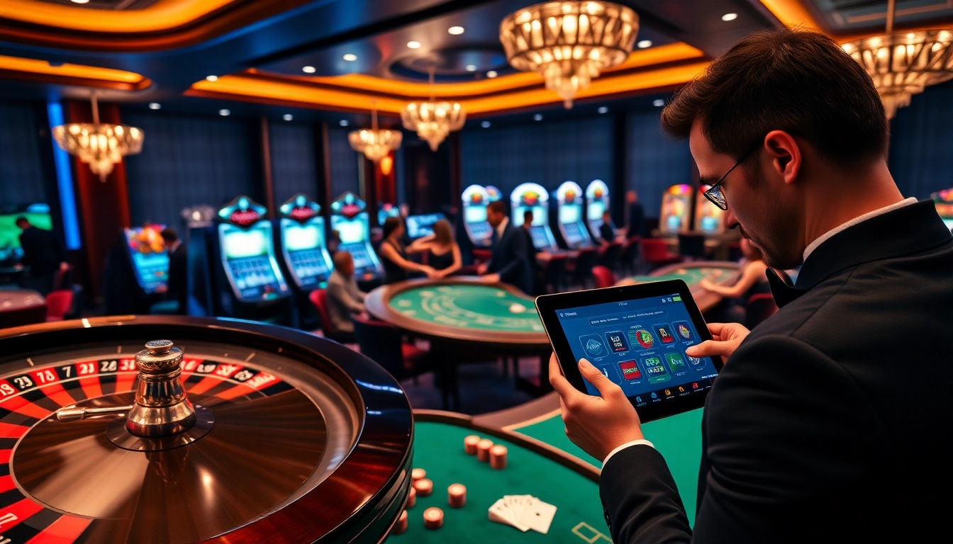 Kuwin online betting platform displayed in an upscale casino environment with vibrant poker games.