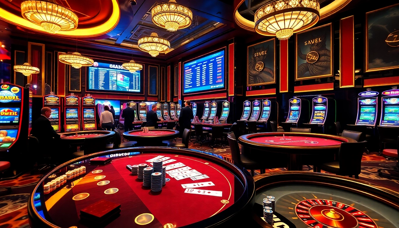 Exciting gambling scene at 789f nhà cái, featuring poker tables and vibrant slot machines.