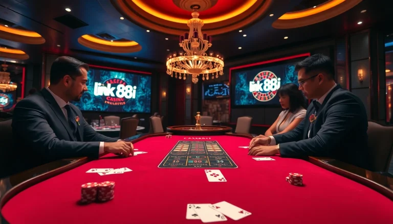 Exciting blackjack action at a casino table with link 88i displayed on a screen.