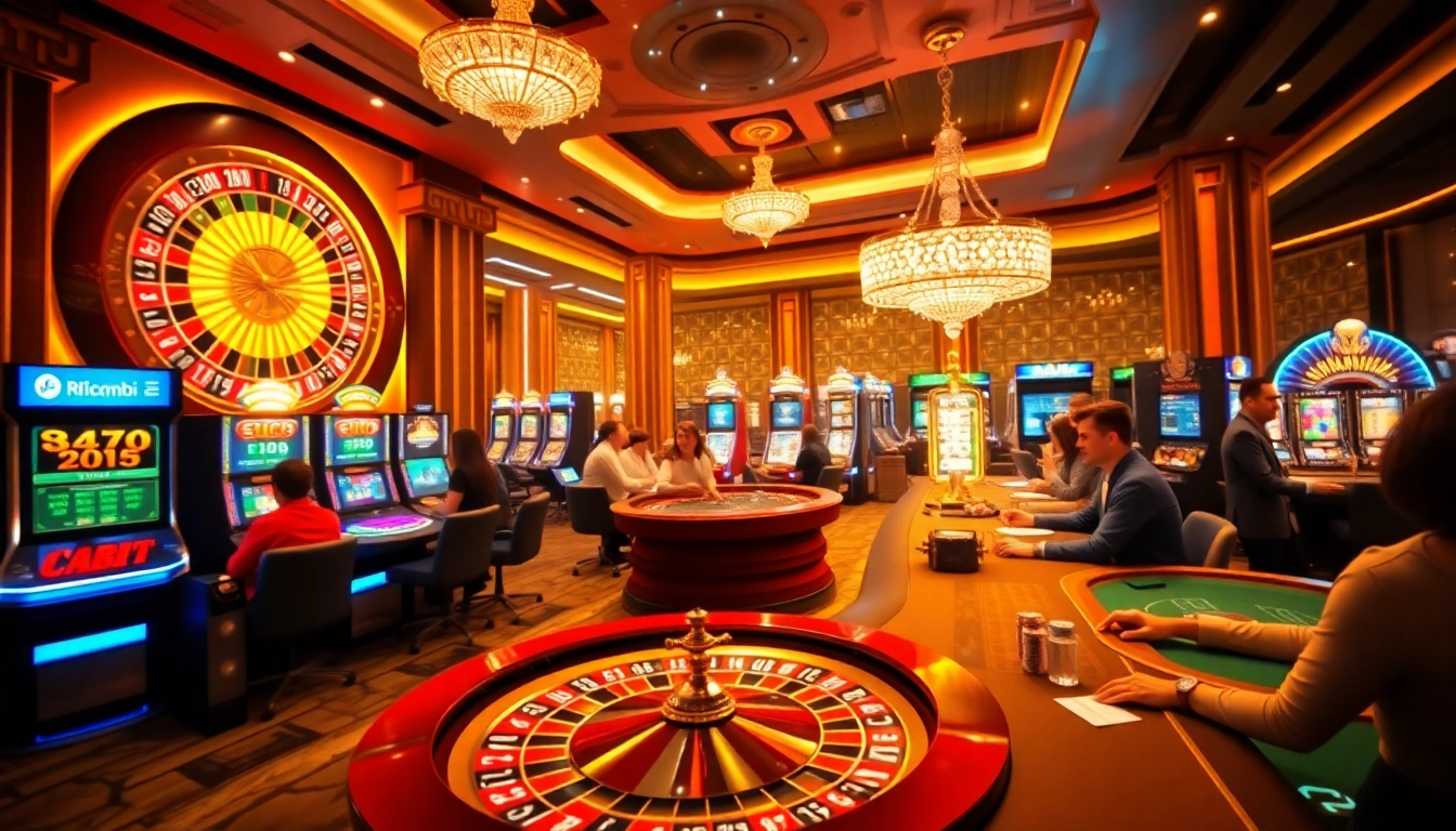 An exciting scene from rr88c.mobi showing players enjoying various casino games with roulette, slots, and poker.