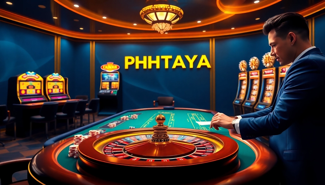 PHTAYA casino scene with poker table, roulette wheel, and glowing slot machines showcasing a vibrant online gaming experience.