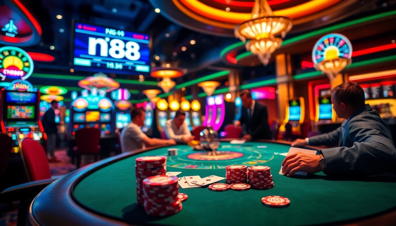 Experience the thrill of nh88 as players engage in a high-stakes poker game at a glamorous casino.
