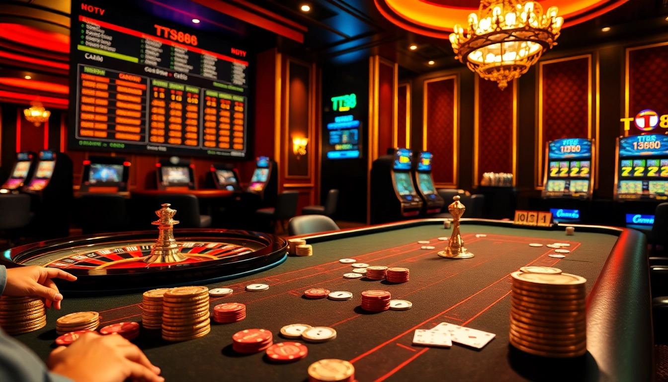 TT88 casino scene showcasing excitement with poker chips, cards, and a roulette wheel.