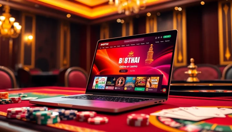 Gambling enthusiasts engaging in games at BK8THAI online casino platform, vibrant casino atmosphere.