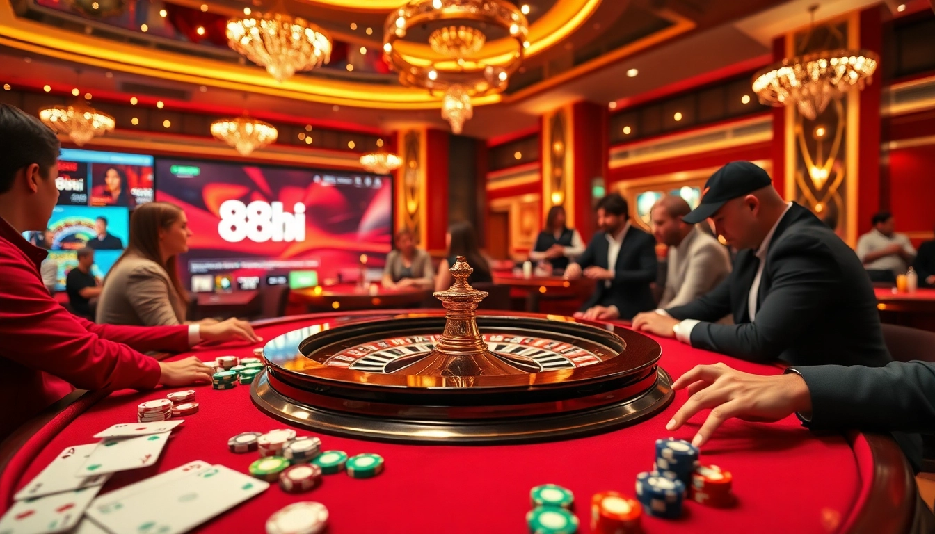 Players betting at a lively roulette table in an upscale casino with the digital 88i brand visible.