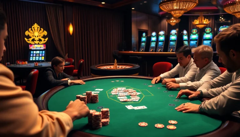 Experience high-stakes gambling at 5z7772 com with an elegant poker scene featuring vibrant chips.