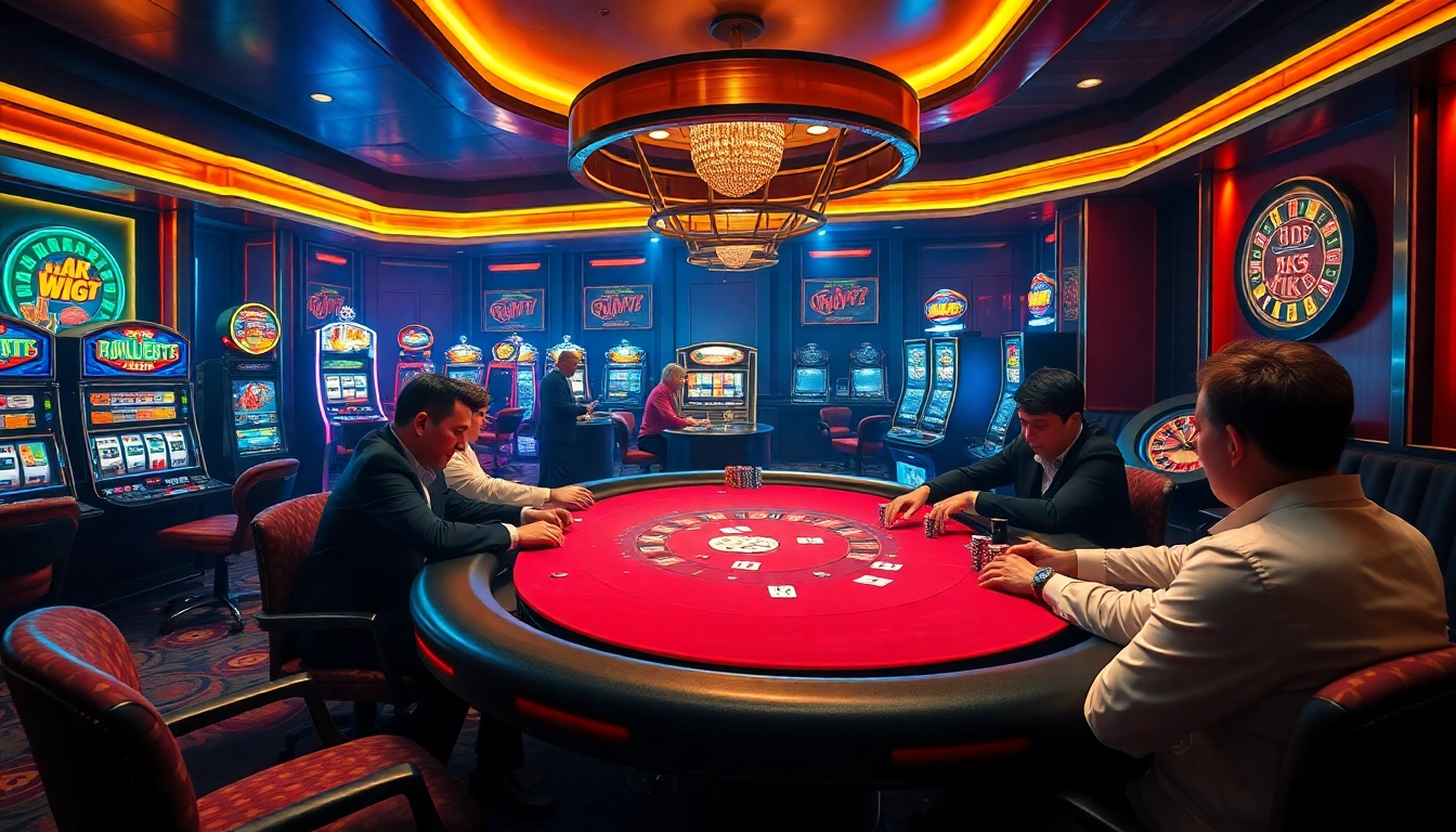 Intense poker game at KK55-themed casino table with vibrant slot machines in the background.