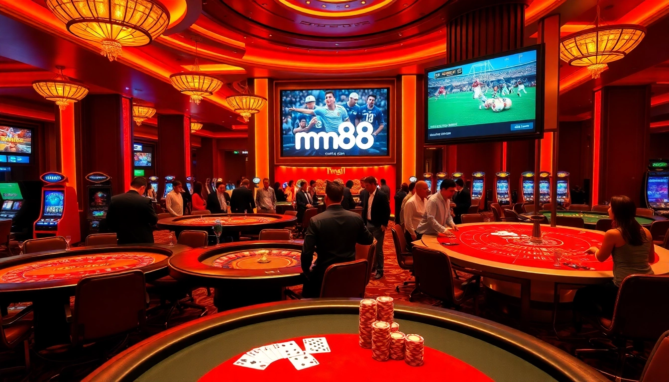 Players enjoying a thrilling game experience at mm88 com casino, surrounded by vibrant tables and exciting atmosphere.