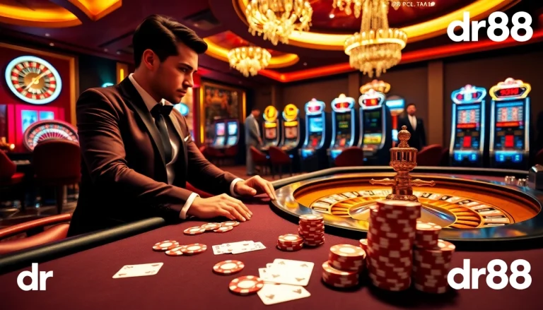 Experience the excitement of dr88 at a luxury casino table with vibrant poker chips and slot machines.