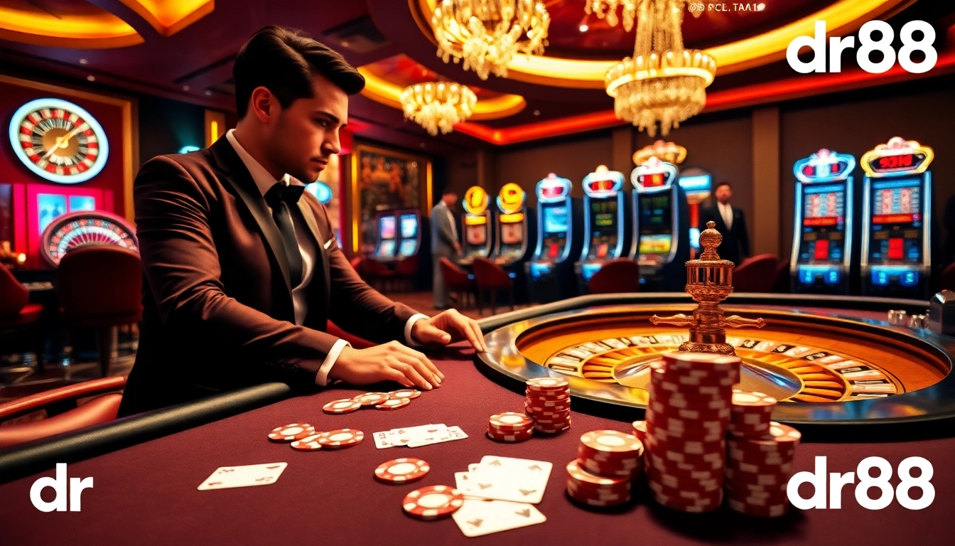Experience the excitement of dr88 at a luxury casino table with vibrant poker chips and slot machines.