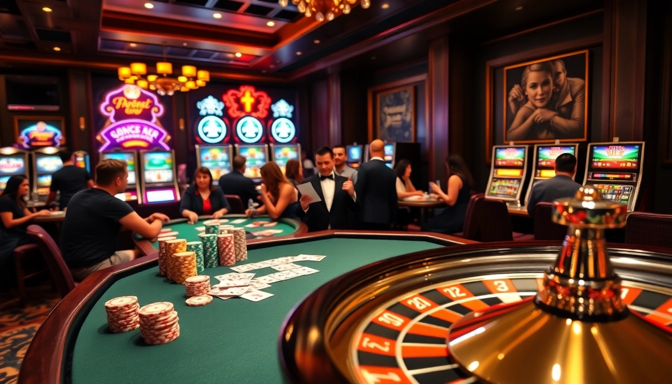 Engaging scene at KP88 casino showcasing players enjoying poker and vibrant slot machines.
