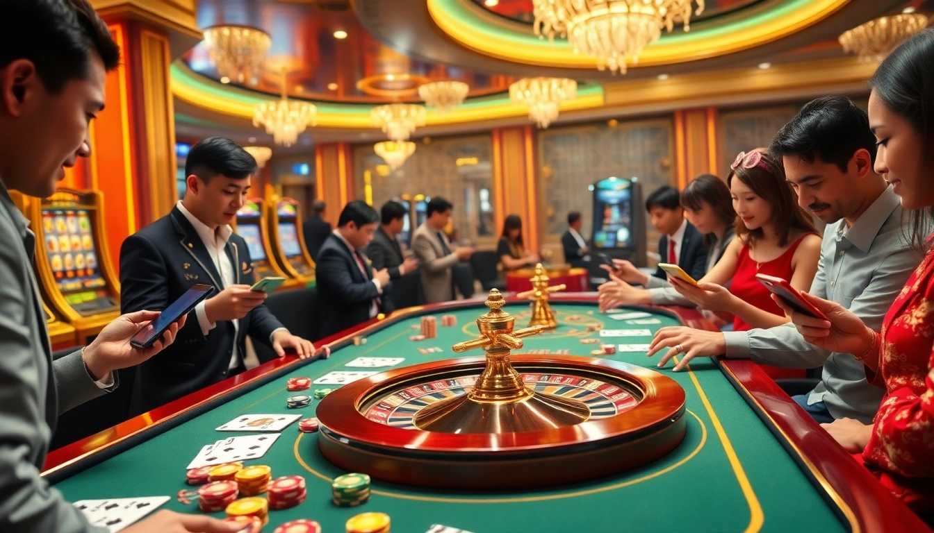 Players engaging with EK333 mobile gambling experiences at a luxurious casino table.