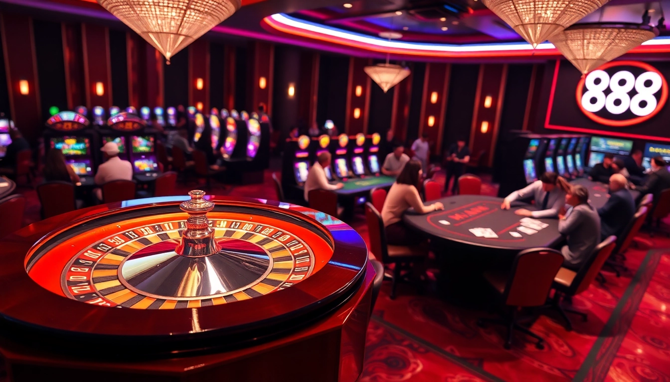Engaged players at Man 88 enjoy high-stakes roulette and poker tables in a luxurious casino setting.