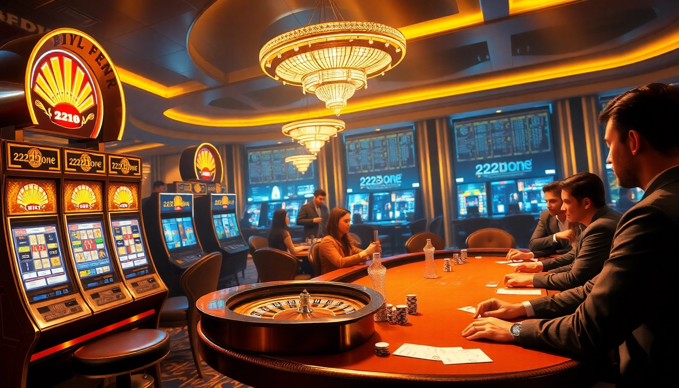 Players enjoying the excitement of 222bd one, surrounded by vibrant casino elements like slot machines and poker tables.