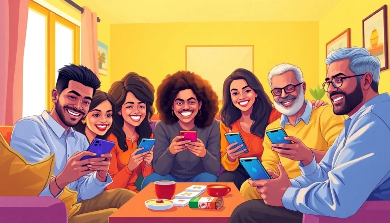 Players enjoying Yono Rummy on smartphones in a cozy setting, showcasing excitement and social interaction.