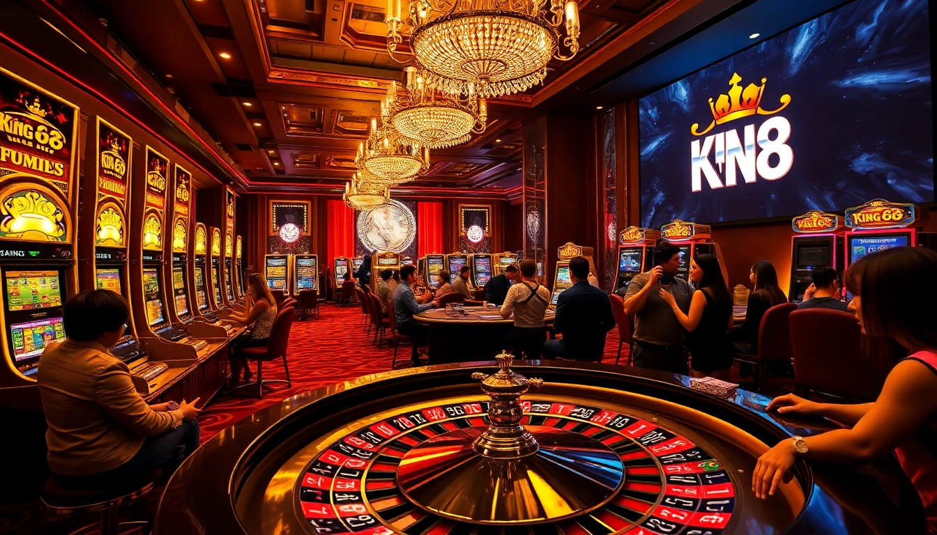 Experience king 88 excitement in a luxurious casino scene with roulette and slot machines.