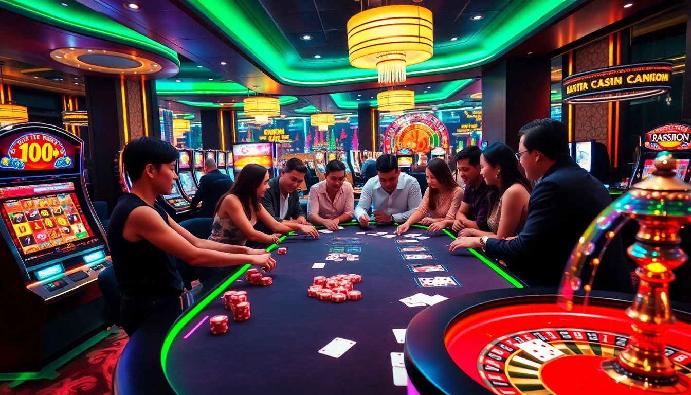 Experience the thrill of Betting Online Now with players at a modern casino table surrounded by dynamic gaming.