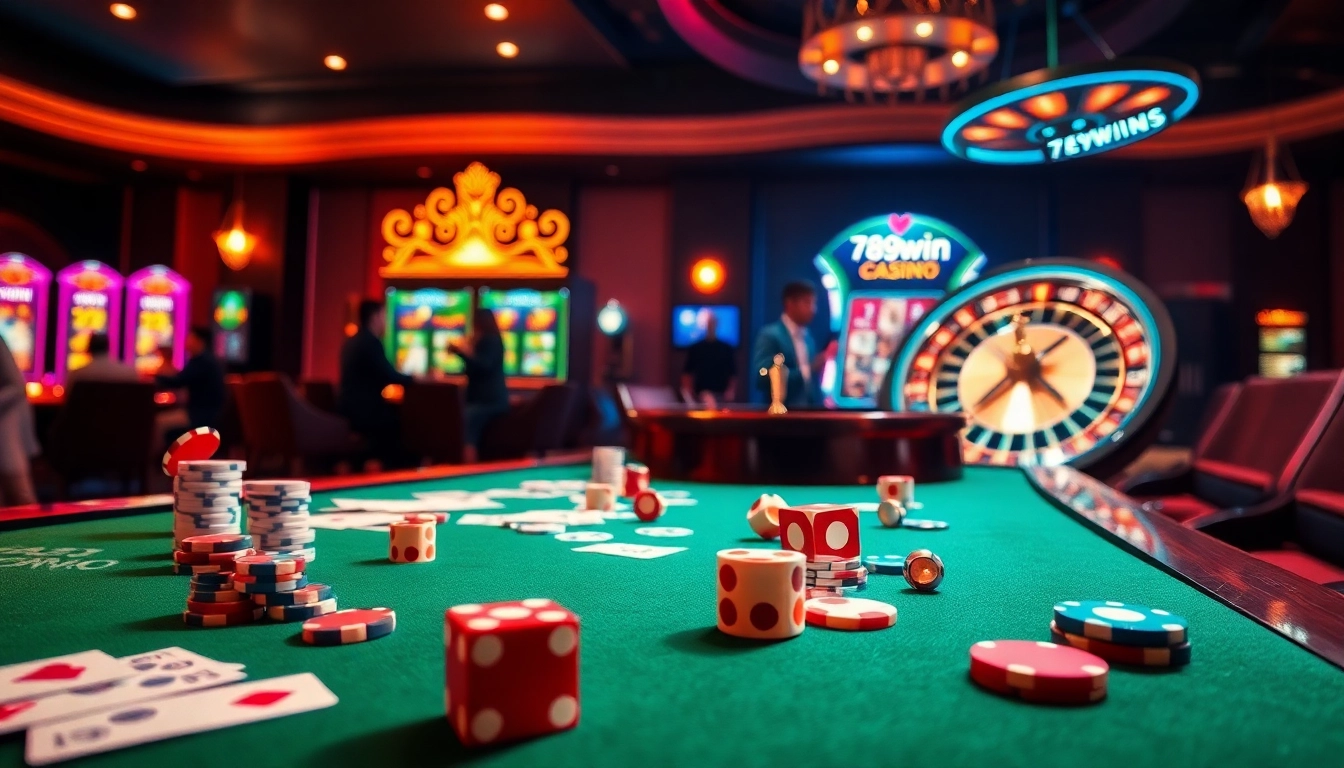 Players enjoying a high-stakes game at 789win casino table with colorful chips and cards.