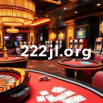 A dynamic casino scene showcasing poker players and slot machines, representing 22jl org excitement.