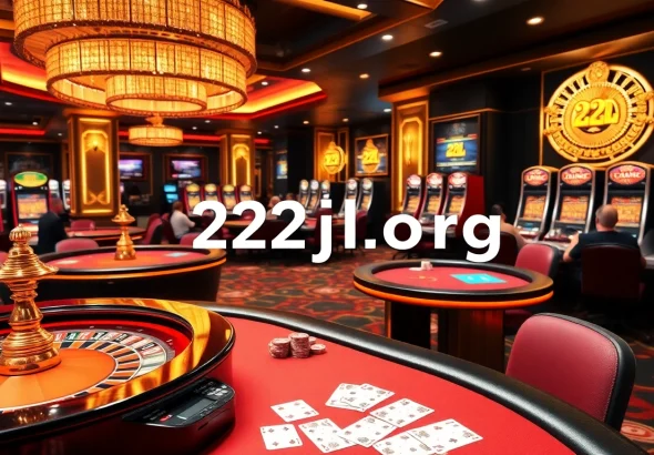 A dynamic casino scene showcasing poker players and slot machines, representing 22jl org excitement.