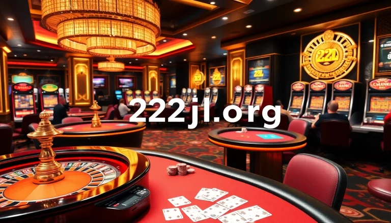 A dynamic casino scene showcasing poker players and slot machines, representing 22jl org excitement.