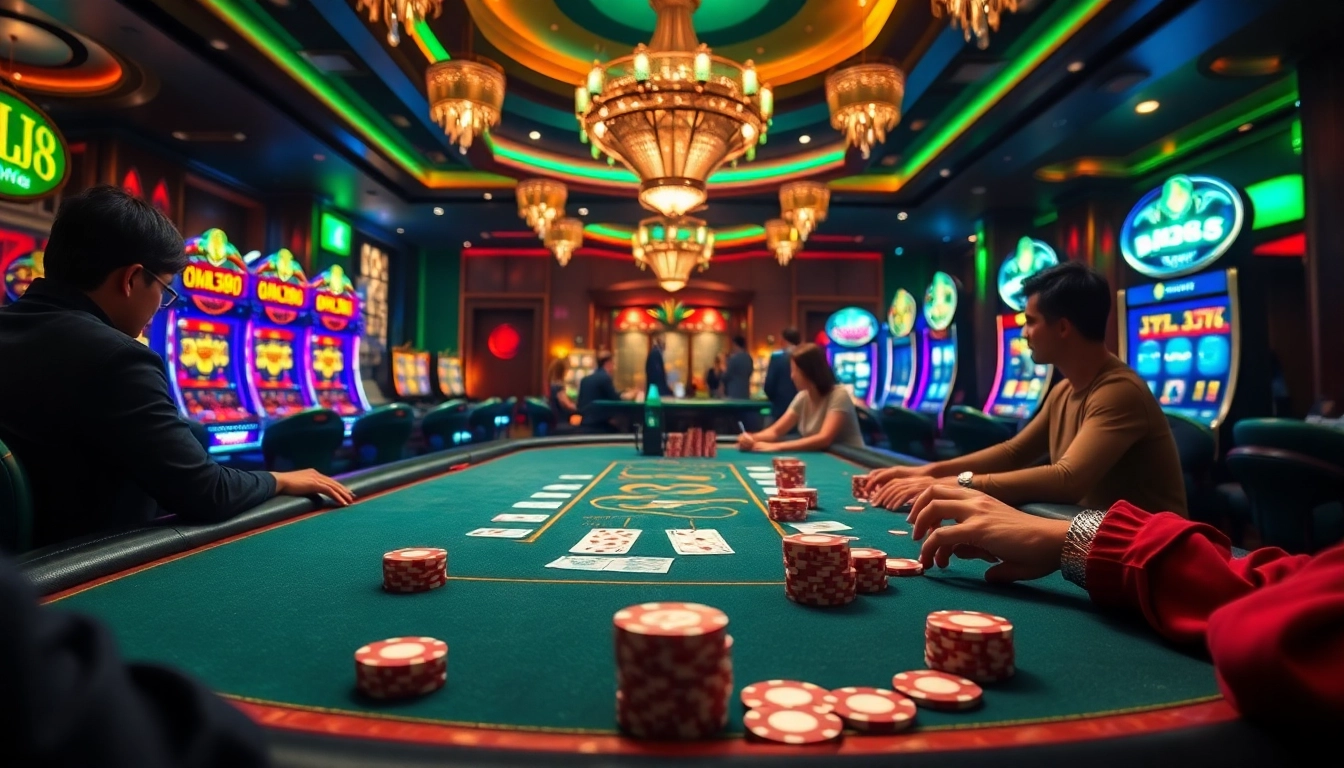 Experience intense betting at BJ388's luxury casino table with vibrant chips and cards.