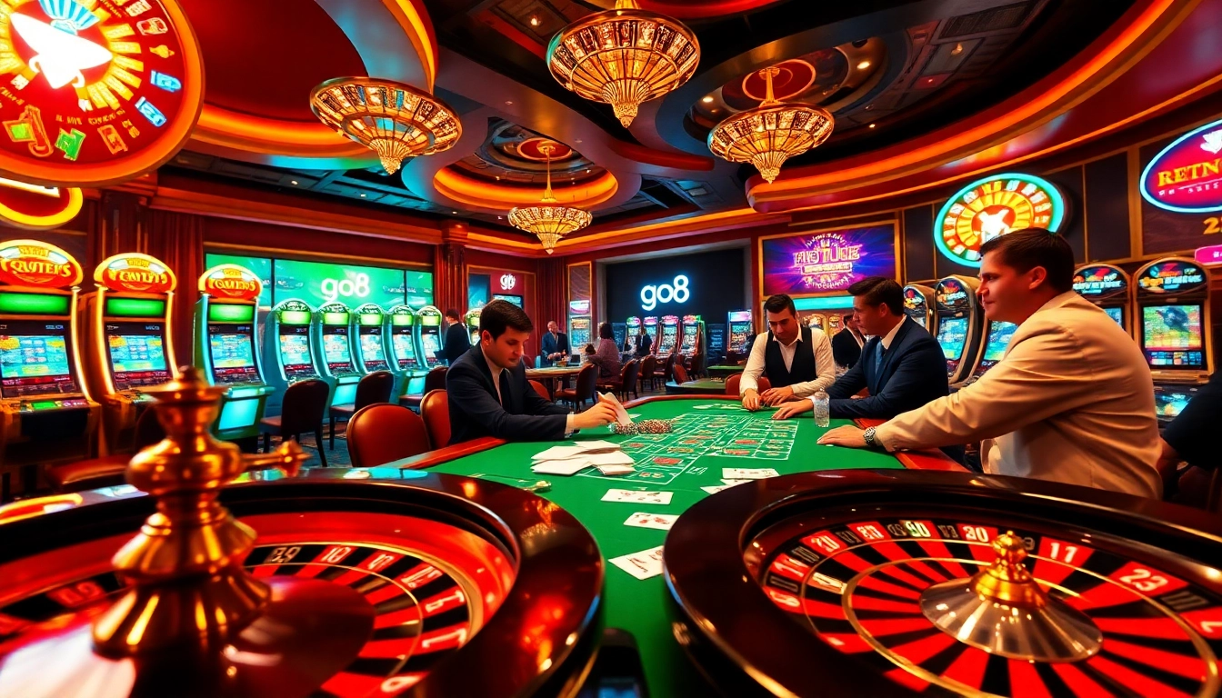 Experience the thrill of gambling at go8 with vibrant casino tables and excited players.