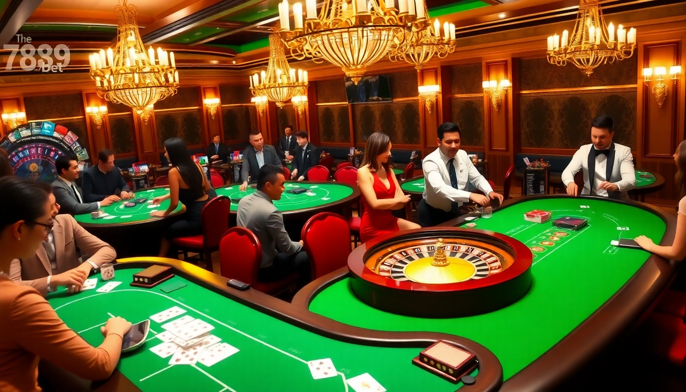 Experience the excitement of gambling at 789 bet with elegant casino tables and vibrant players.